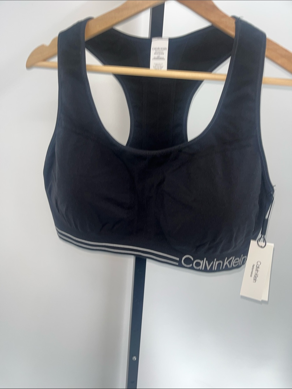 Calvin Klein Black Racerback Logo Sports Bra with Striped Band